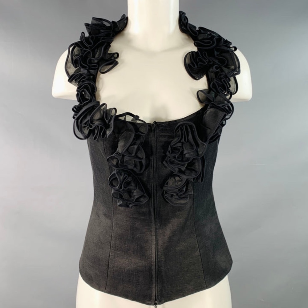 Vintage Anne Fontaine Black Organza Ruffled Corset Top